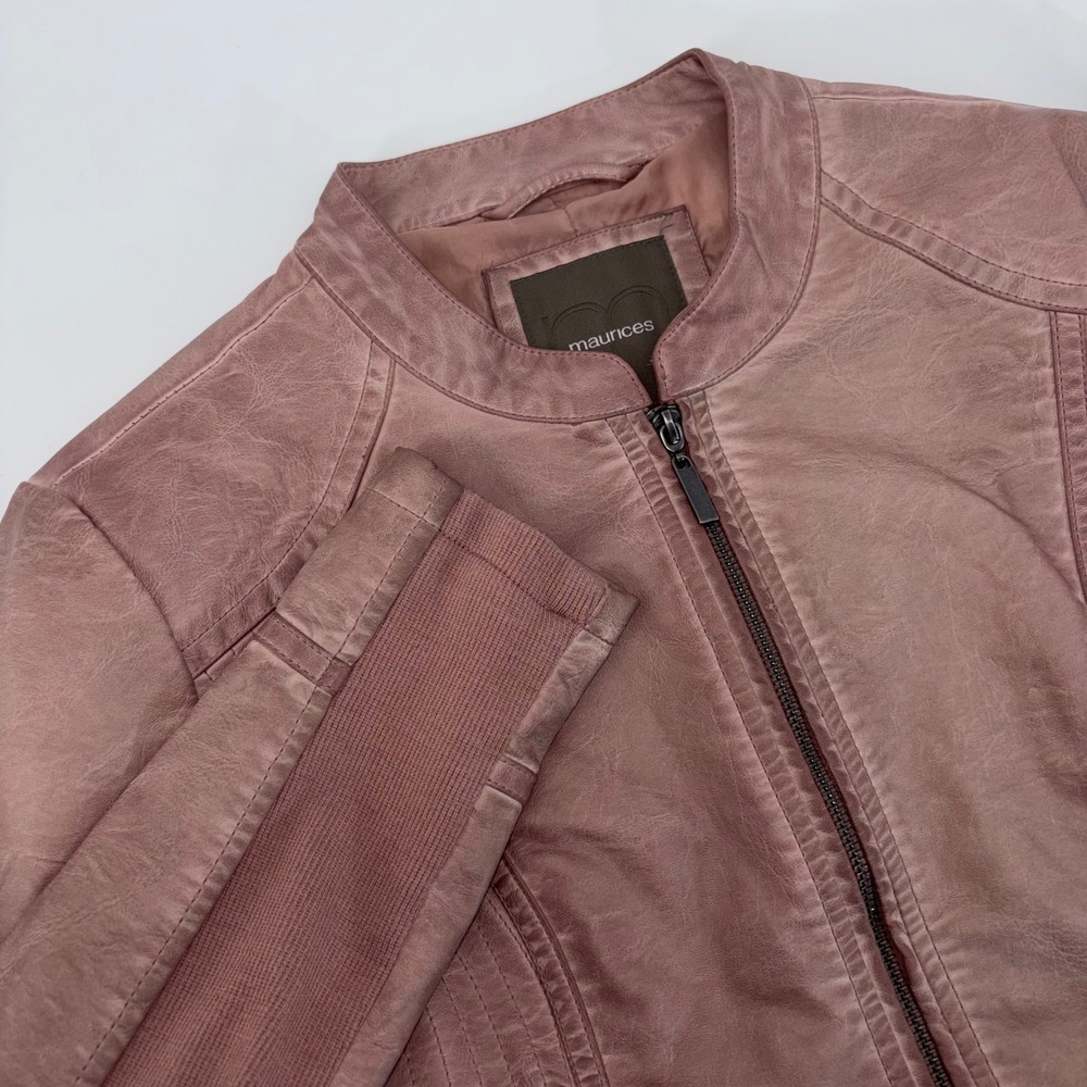 Maurices Womens Dusty Rose Pink Faux Leather Moto Jacket Ribbed Panels Large
